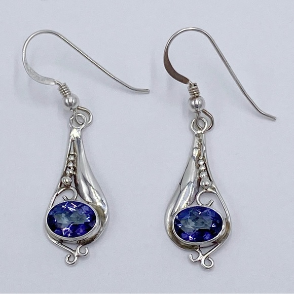 Sterling Silver Blue Stone Teardrop Dangle Earrings - Picture 1 of 8